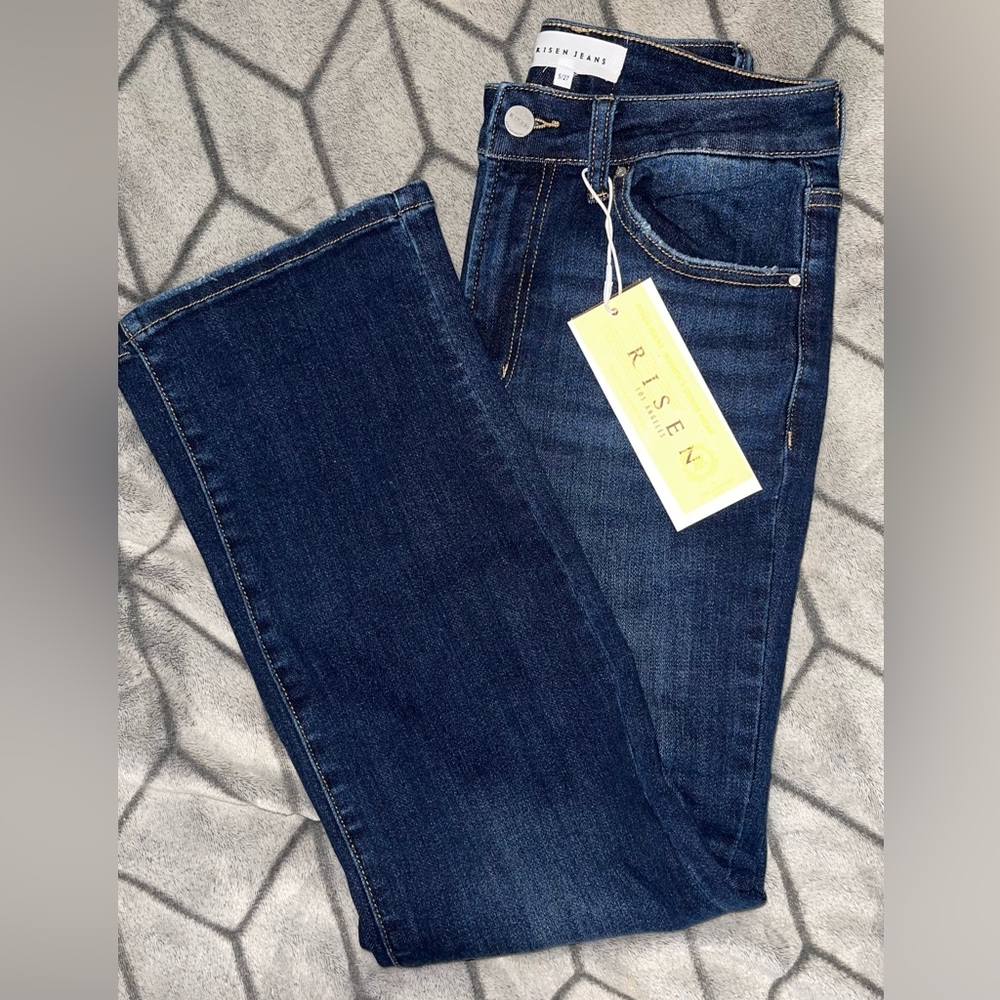 NWT- Risen Boutique CROPPED Straight Leg High Rise Dark Wash Jeans Sz 5/27